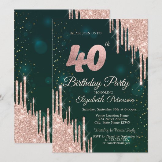 Roos Gold Glitter maakt groen op 40e verjaardag Kaart (Voorkant / Achterkant)