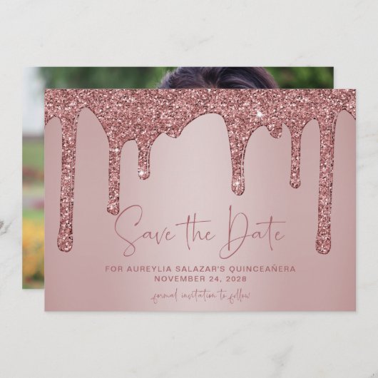 Roos Gold Glitter maakt Quinceanera de datum op Save The Date (Voorkant / Achterkant)
