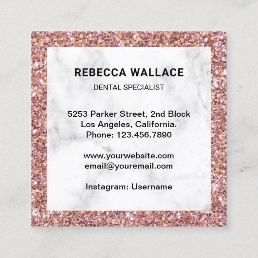 Roos Gold Glitter Marble Dental Clinic Dentist Vierkante Visitekaartje (Achterkant)