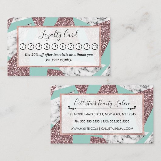 Roos Gold Glitter Marble Geometric Triangles Blauw Klantenkaartje (Voorkant / Achterkant)