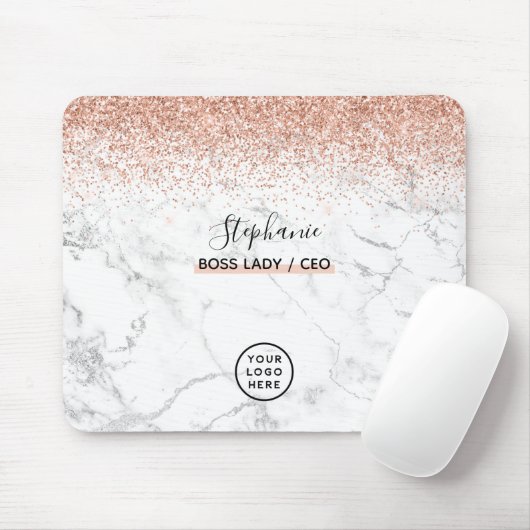 Roos Gold Glitter Marble Logo Jouw naam Boss Lady Muismat (Met muis)