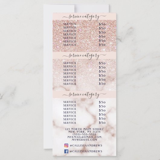 Roos Gold Glitter Marble Logo Salon Price List (Achterkant)