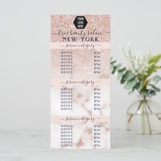 Roos Gold Glitter Marble Logo Salon Price List (Staand voorkant)