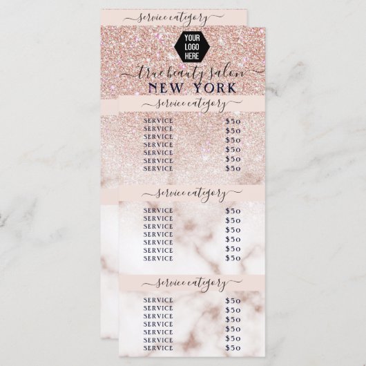 Roos Gold Glitter Marble Logo Salon Price List (Voorkant / Achterkant)