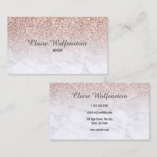 Roos Gold Glitter Marble Script Visitekaartje (Voorkant / Achterkant)
