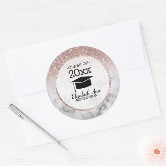 Roos Gold Glitter/marmer Afstuderen Ronde Sticker (Envelop)