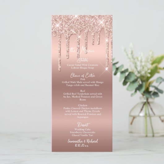 Roos Gold Glitter Metallic 4x9" Wedding Menu (Staand voorkant)