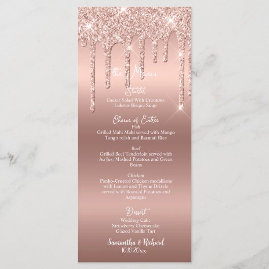 Roos Gold Glitter Metallic 4x9" Wedding Menu (Voorkant)