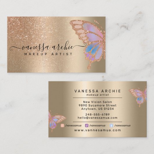 Roos Gold Glitter Metallic Folie Rainbow Butterfly Visitekaartje (Voorkant / Achterkant)