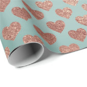 Roos Gold Glitter Metallic Mint Blue Hearts Cadeaupapier (Rol Hoek)
