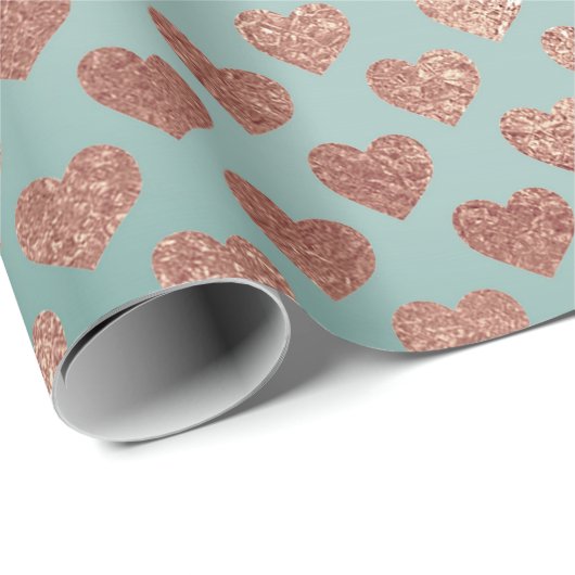 Roos Gold Glitter Metallic Mint Blue Hearts Cadeaupapier (Rol Hoek)