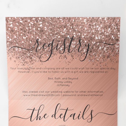 Roos Gold Glitter Metallic Registry Detail RSVP Drieluik Uitnodiging (Binnenzijde eerst)