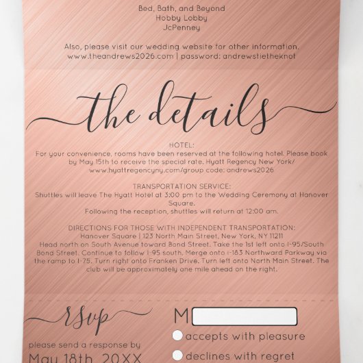 Roos Gold Glitter Metallic Registry Detail RSVP Drieluik Uitnodiging (Binnenkant midden)