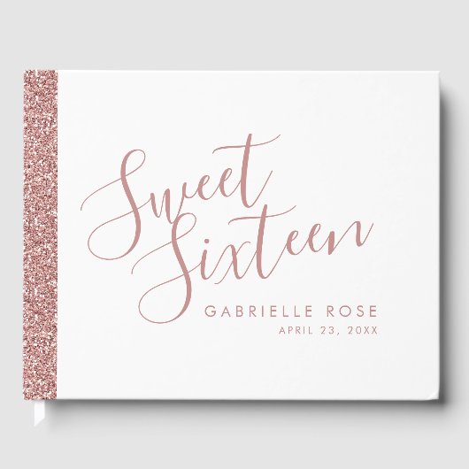 Roos Gold Glitter Modern Sweet 16 Guest Book Gastenboek (Voorkant)