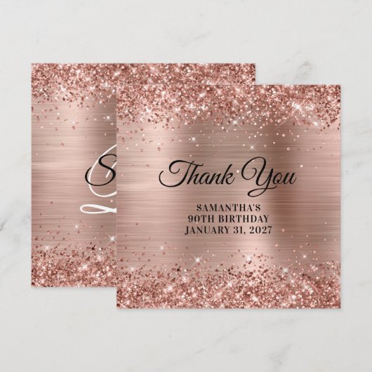 Roos Gold Glitter Monogram 90e verjaardag Bedankkaart (Voorkant / Achterkant)
