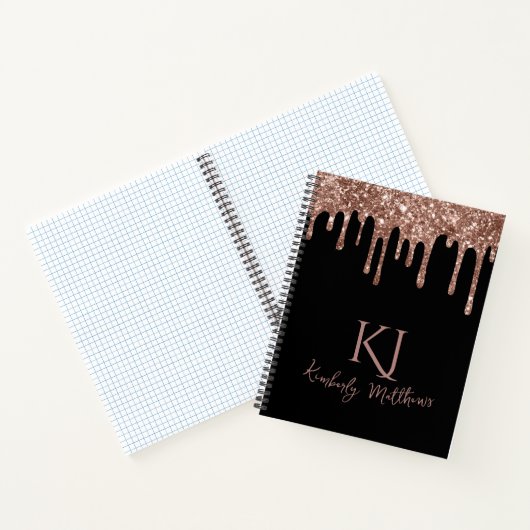Roos Gold Glitter Monogram Initialen op zwart Notitieboek (Binnen)