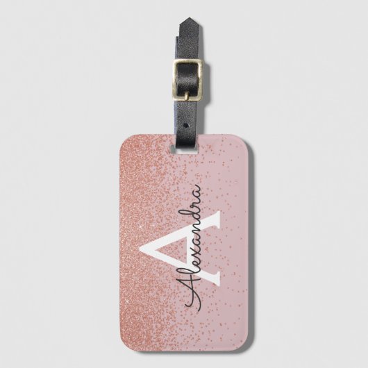 Roos Gold Glitter Monogram Naam en Initiaal Bagagelabel (Voorkant (verticaal))