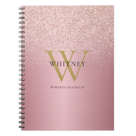 Roos Gold Glitter Monogram Naam Notitieboek (Voorkant)
