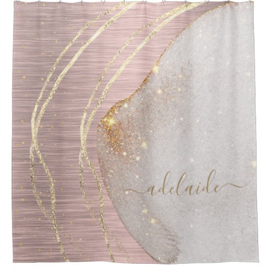 Roos Gold Glitter Monogram Name Script Metallic Douchegordijn (Voorkant)