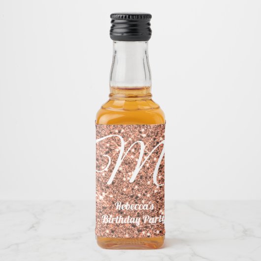 Roos Gold Glitter Monogram Party Favor Custom Likeurfles Etiket (Voorkant)
