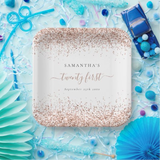 Roos Gold Glitter Naam Datum 21ste verjaardag Papieren Bordje (Feest)