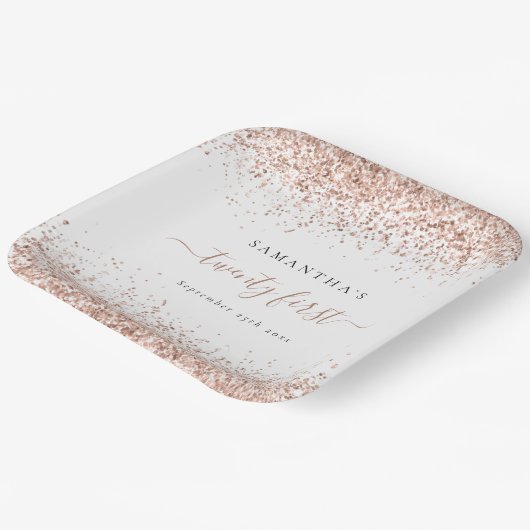 Roos Gold Glitter Naam Datum 21ste verjaardag Papieren Bordje (Gebogen)
