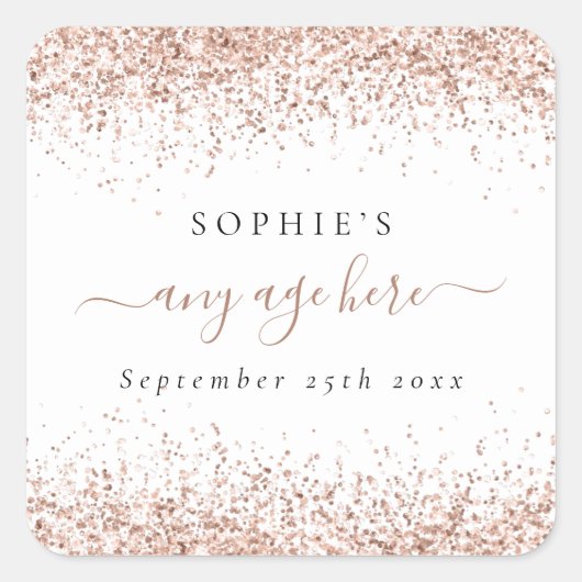 Roos Gold Glitter Naam Datum Alle leeftijden Vierkante Sticker (Voorkant)
