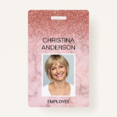 Roos Gold Glitter Naam werknemer Foto Bedrijf Badge (Voorkant)