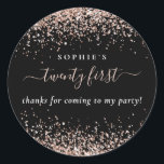 Roos Gold Glitter Name Bedankt 21st Birthday Black Ronde Sticker<br><div class="desc">Roos Gold Glitter Name Bedankt 21st Birthday Black Een kleine glans voor je 21ste partij bevoordeelt met faux glitter randen boven en onder op een achtergrond van klassiek zwart,  en 21ste in een elegant script met swashes. Pas de tekst eenvoudig aan uw eigen details aan.</div>