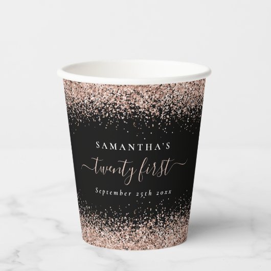 Roos Gold Glitter Name Date 21st Party Black Papieren Bekers (Voorkant)