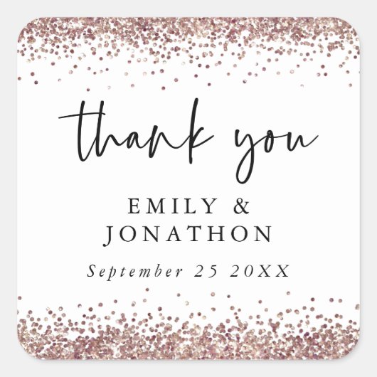 Roos Gold Glitter Name Date Wedding White Bedankt Vierkante Sticker (Voorkant)