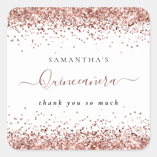 Roos Gold Glitter Name Quinceañera Hartelijk dank Vierkante Sticker (Voorkant)