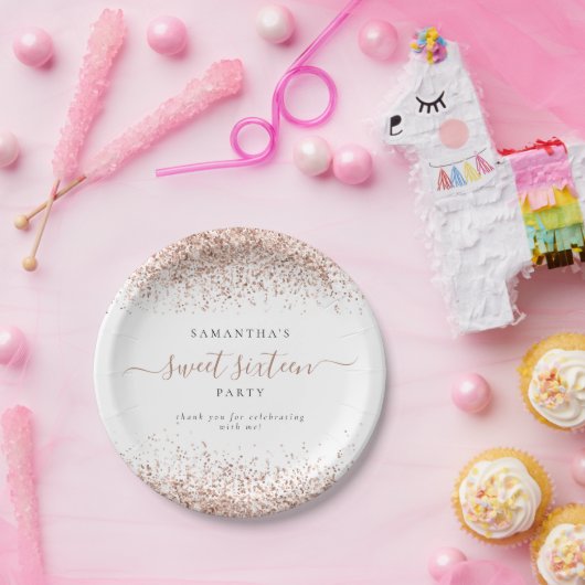 Roos Gold Glitter Name Sweet Sixteen Party Papieren Bordje (Feest)