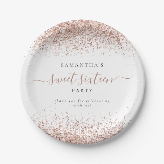 Roos Gold Glitter Name Sweet Sixteen Party Papieren Bordje (Voorkant)