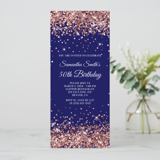Roos Gold Glitter Navy 50th Birthday Kaart (Staand voorkant)