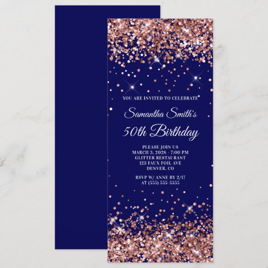 Roos Gold Glitter Navy 50th Birthday Kaart (Voorkant / Achterkant)