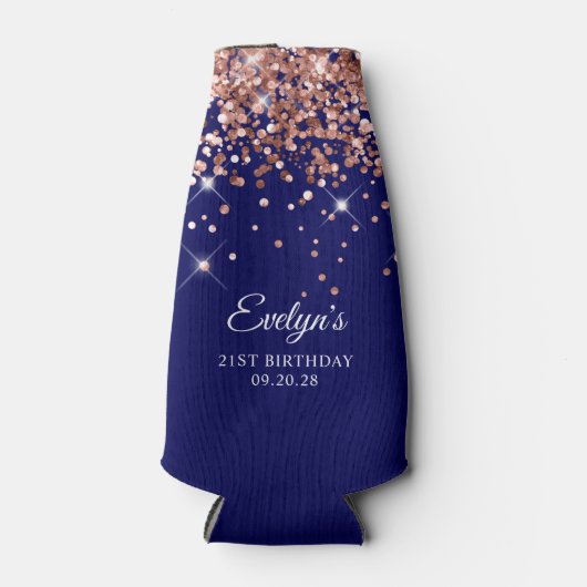 Roos Gold Glitter Navy Blue 21e Verjaardag Flesjeskoeler (Voorkant)