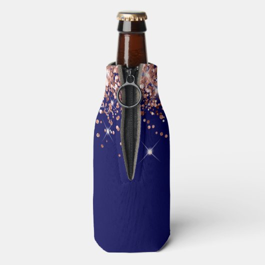 Roos Gold Glitter Navy Blue 21e Verjaardag Flesjeskoeler (Fles Achterkant)