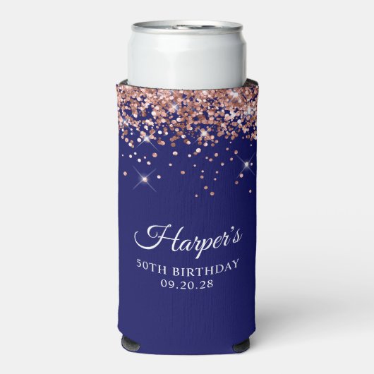 Roos Gold Glitter Navy Blue 50e Verjaardag Seltzer Blikjeskoeler (Seltzer Voorkant)