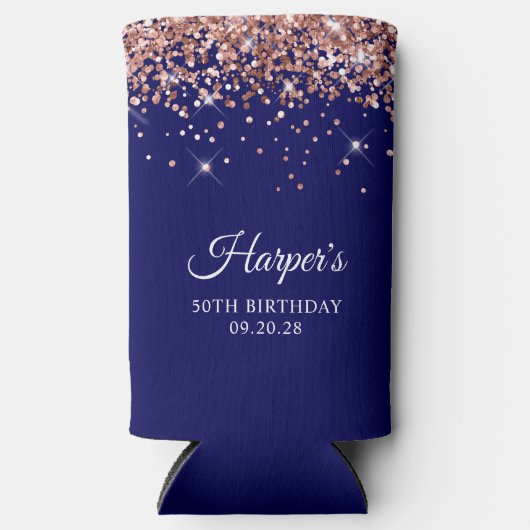 Roos Gold Glitter Navy Blue 50e Verjaardag Seltzer Blikjeskoeler (Voorkant)