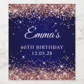 Roos Gold Glitter Navy Blue 60e Verjaardag Wijn Etiket (Enkel label)