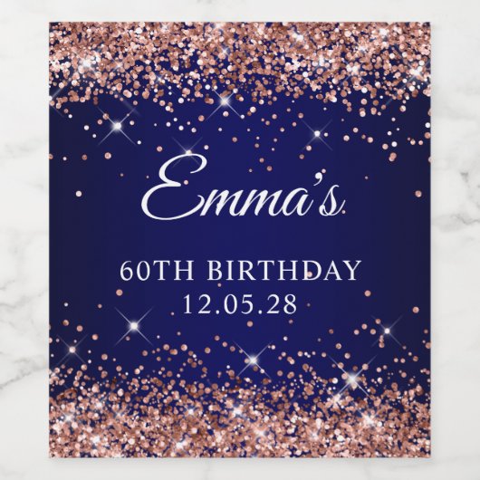 Roos Gold Glitter Navy Blue 60e Verjaardag Wijn Etiket (Enkel label)