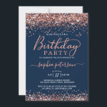 Roos Gold Glitter Navy Blue Alle leeftijden Verjaa Kaart<br><div class="desc">Moderne stijlvolle Blush Pink Rose Gold Sparkle Glitter Navy Blue Verjaardag uitnodiging. Deze elegante elke leeftijd vrouwelijke meisjesachtige verjaardagsuitnodiging sjabloon met een trendy handgeletterde swash tail font kalligrafie met blush roze roségoud glitter grenst aan stoffige Navy Blue achtergrond. Perfect voor elke leeftijd (16e, 18e, 21e, 30e, 40e, 50e, 60e 70e...</div>
