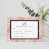 Roos Gold Glitter Navy Blue Blush Wedding RSVP Kaartje (Staand voorkant)