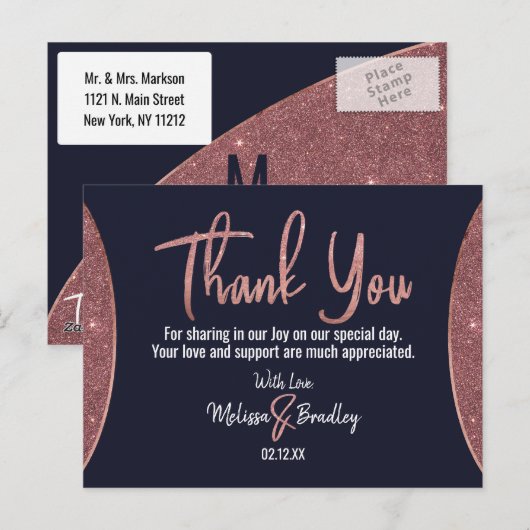 Roos Gold Glitter Navy Blue Circular Dank u Briefkaart (Voorkant / Achterkant)