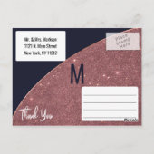 Roos Gold Glitter Navy Blue Circular Dank u Briefkaart (Achterkant)