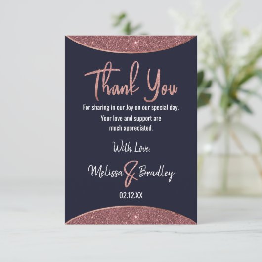 Roos Gold Glitter Navy Blue Circular Hartelijk dan Bedankkaart (Staand voorkant)