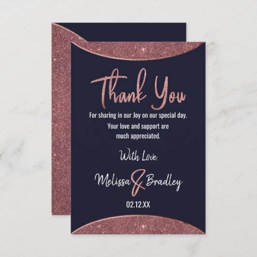 Roos Gold Glitter Navy Blue Circular Hartelijk dan Bedankkaart (Voorkant / Achterkant)