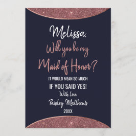 Roos Gold Glitter Navy Blue Circular Maid of Honor Kaart