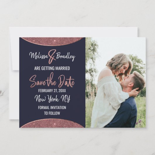 Roos Gold Glitter Navy Blue Circular Save the Date Kaart (Voorkant)